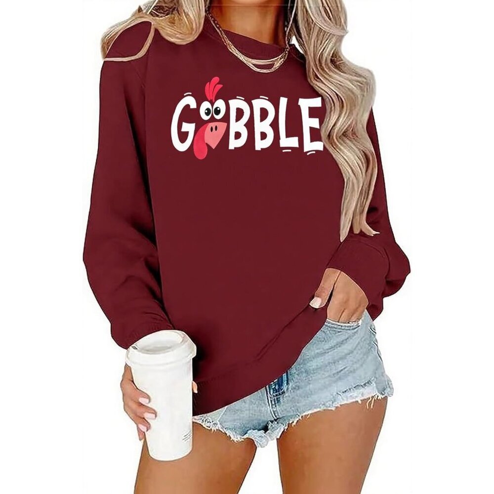 Thanksgiving Sweatshirt Women Gobble Gobble Cute Turkey Pullover Casual Long Sle